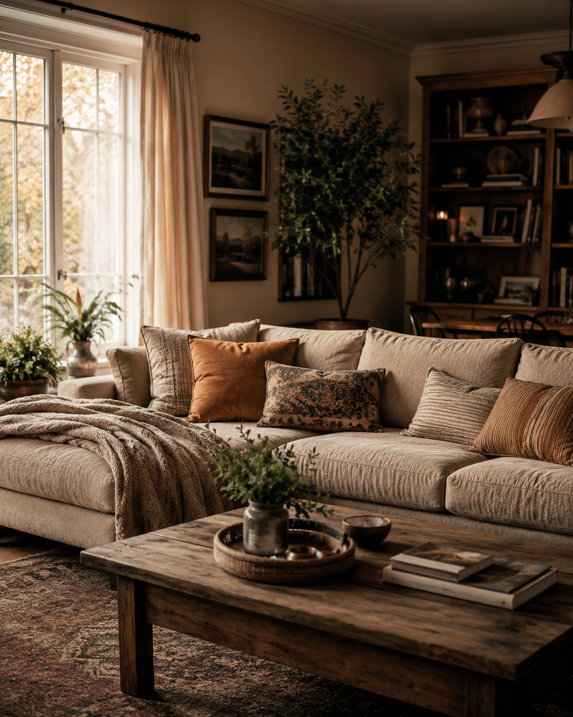 A styled living room in soft, warm light